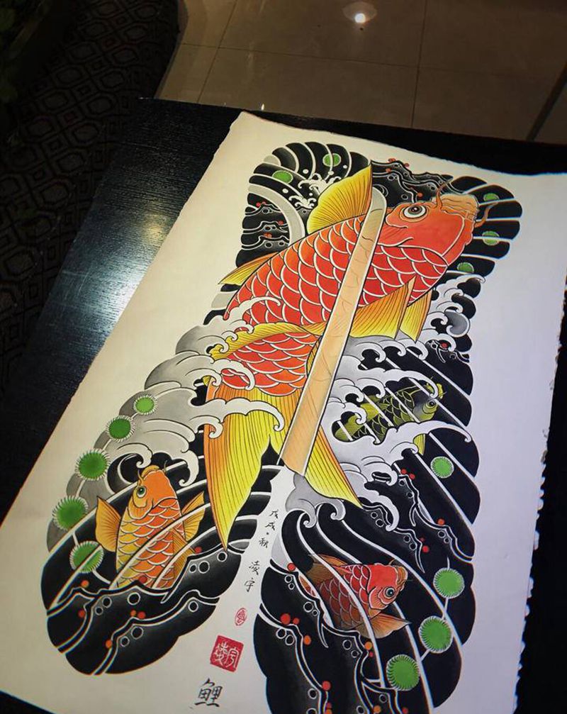 鲤纹身图片_背部腿部老传统新传统纹身图案