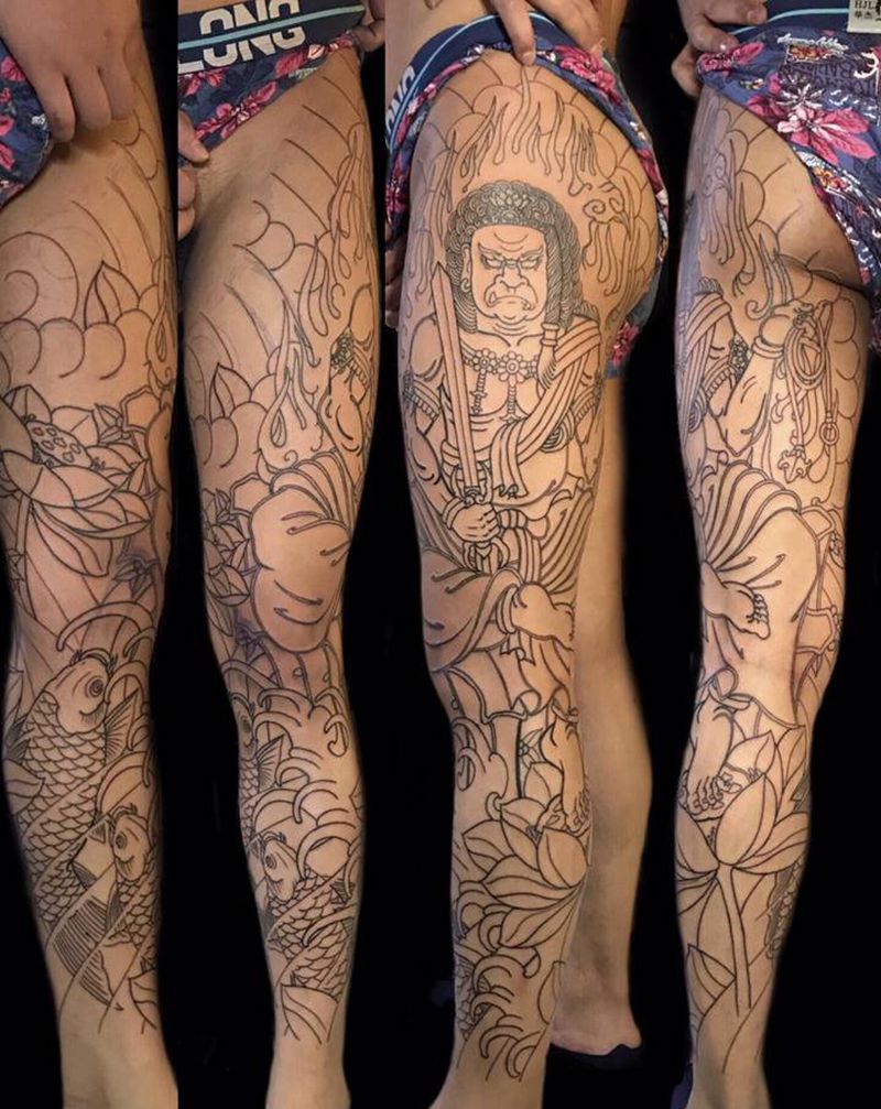 不动明王纹身图片_腿部脚部老传统新传统纹身图案
