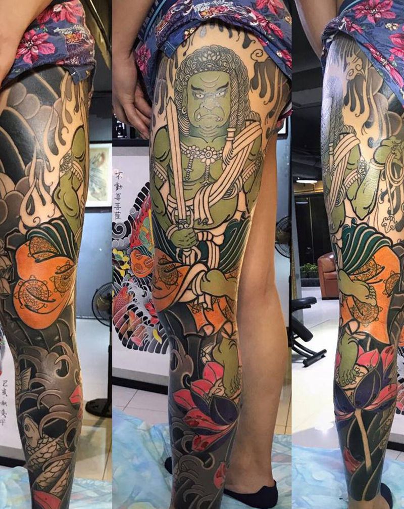 不动尊纹身图片_腿部老传统新传统纹身图案