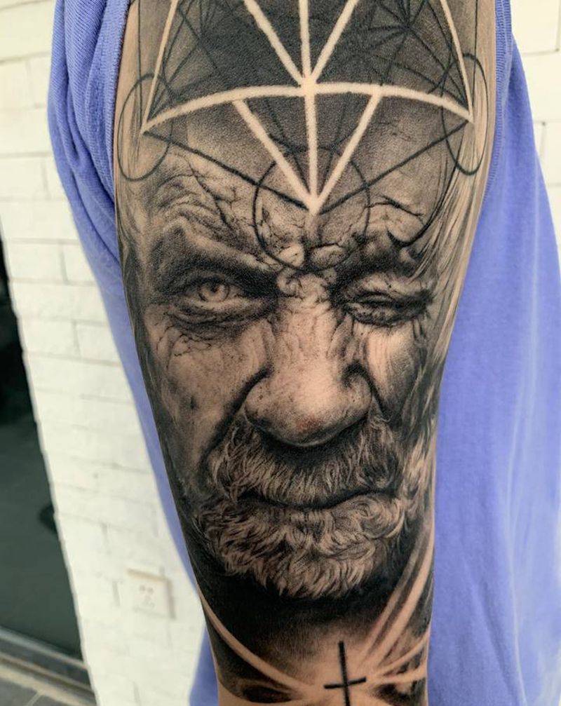 魔法师纹身图片_手臂肩部欧美写实点刺这么大纹身图案