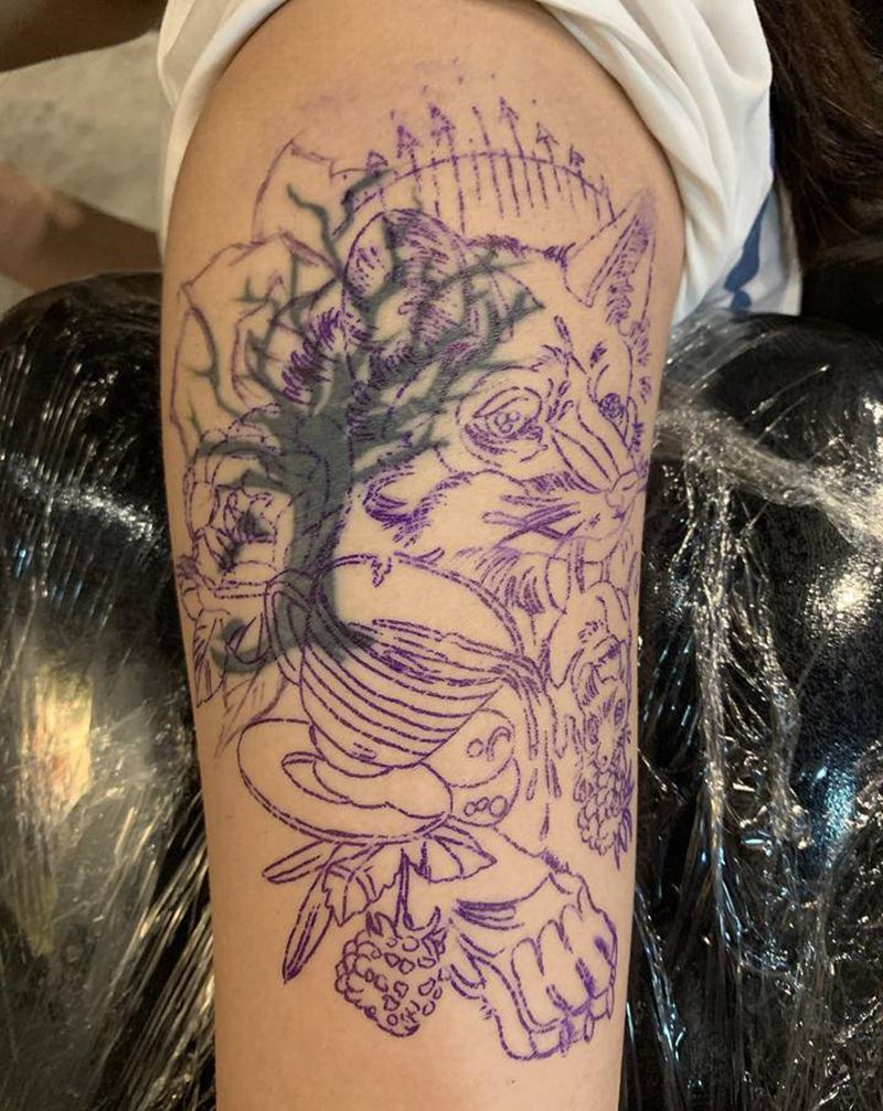 狐狸遮盖树纹身图片_手臂纹身图案