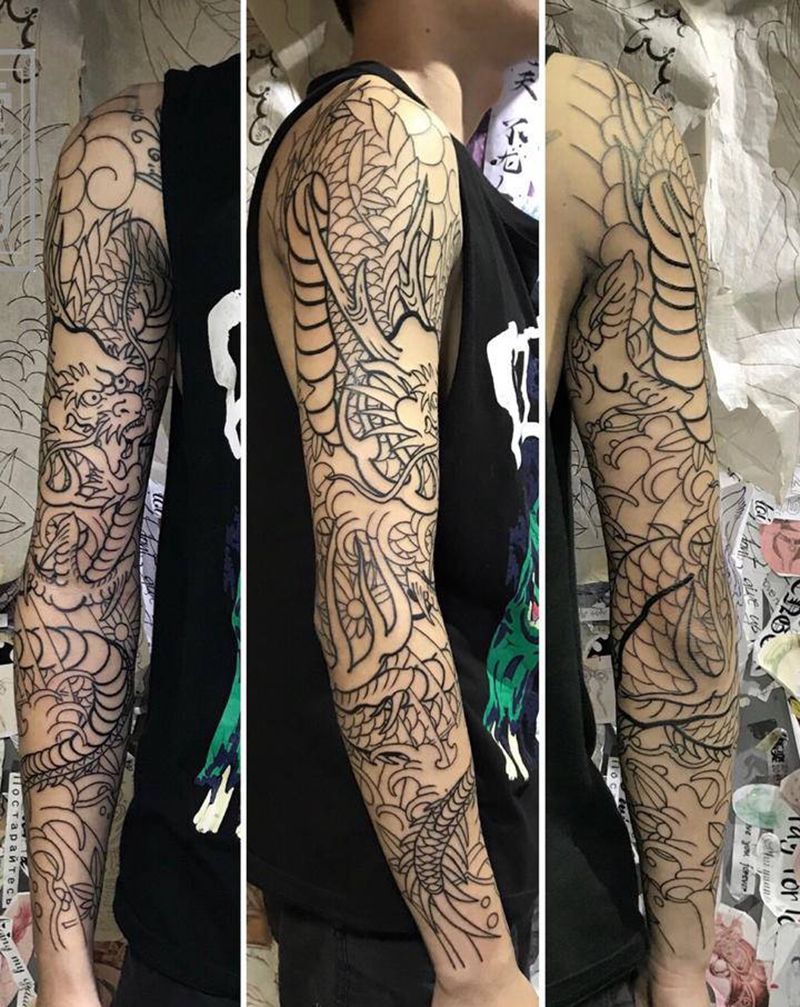 龙纹身图片_手臂手部老传统新传统纹身图案