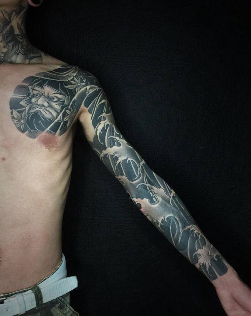 传统花臂遮盖纹身图片_手臂手部老传统新传统纹身图案