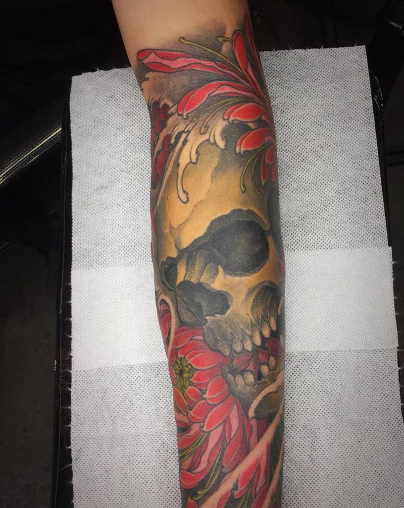骷髅头包臂纹身图片_手臂新传统纹身图案