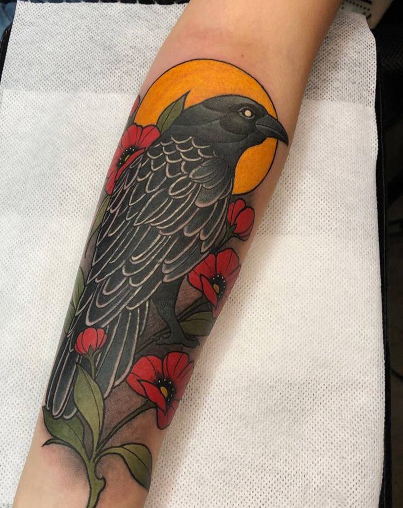 乌鸦遮盖纹身图片_手臂New School纹身图案