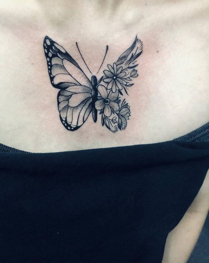 蝴蝶纹身图片_胸部新传统纹身图案