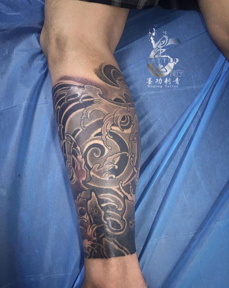 包小腿纹身图片_腿部老传统纹身图案