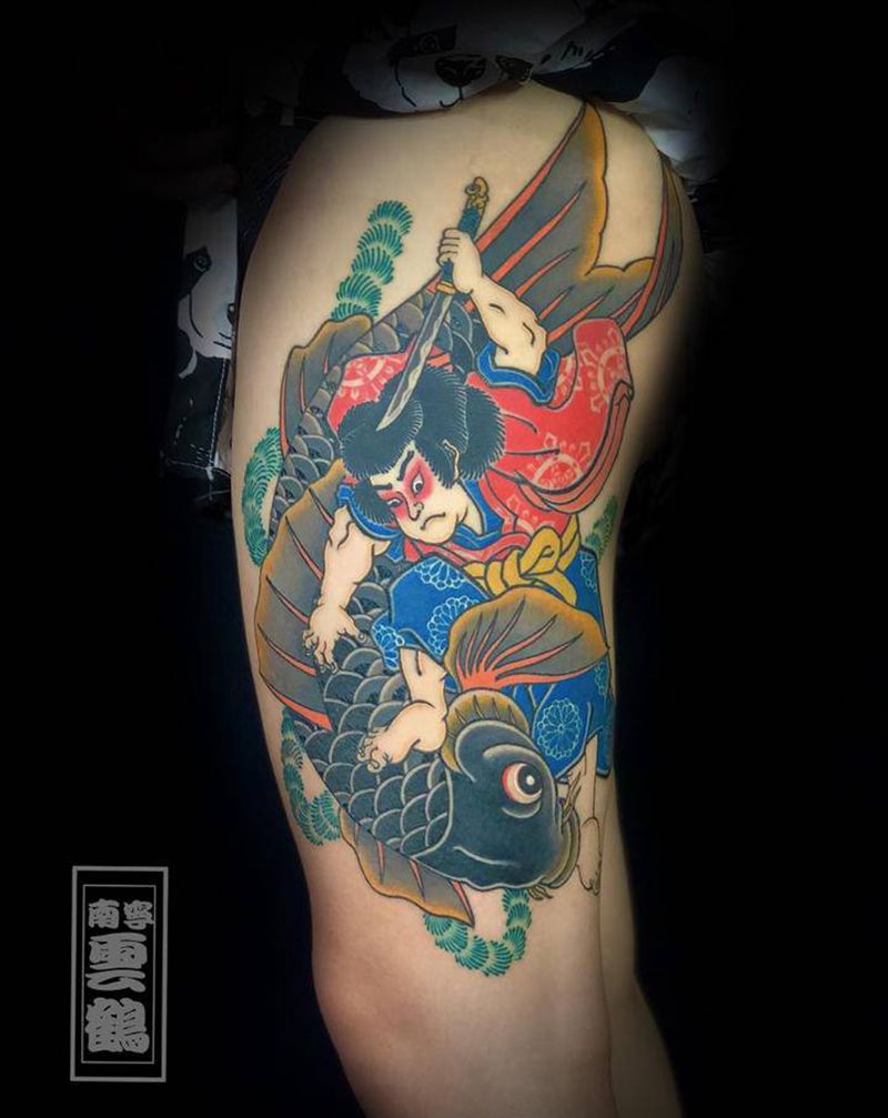 鬼若丸治鲤纹身图片_腿部老传统纹身图案