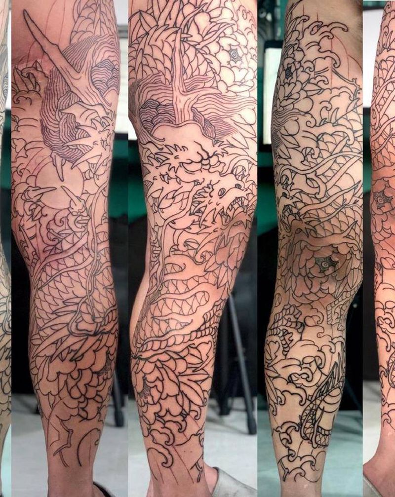 游龙纹身图片_腿部老传统新传统纹身图案