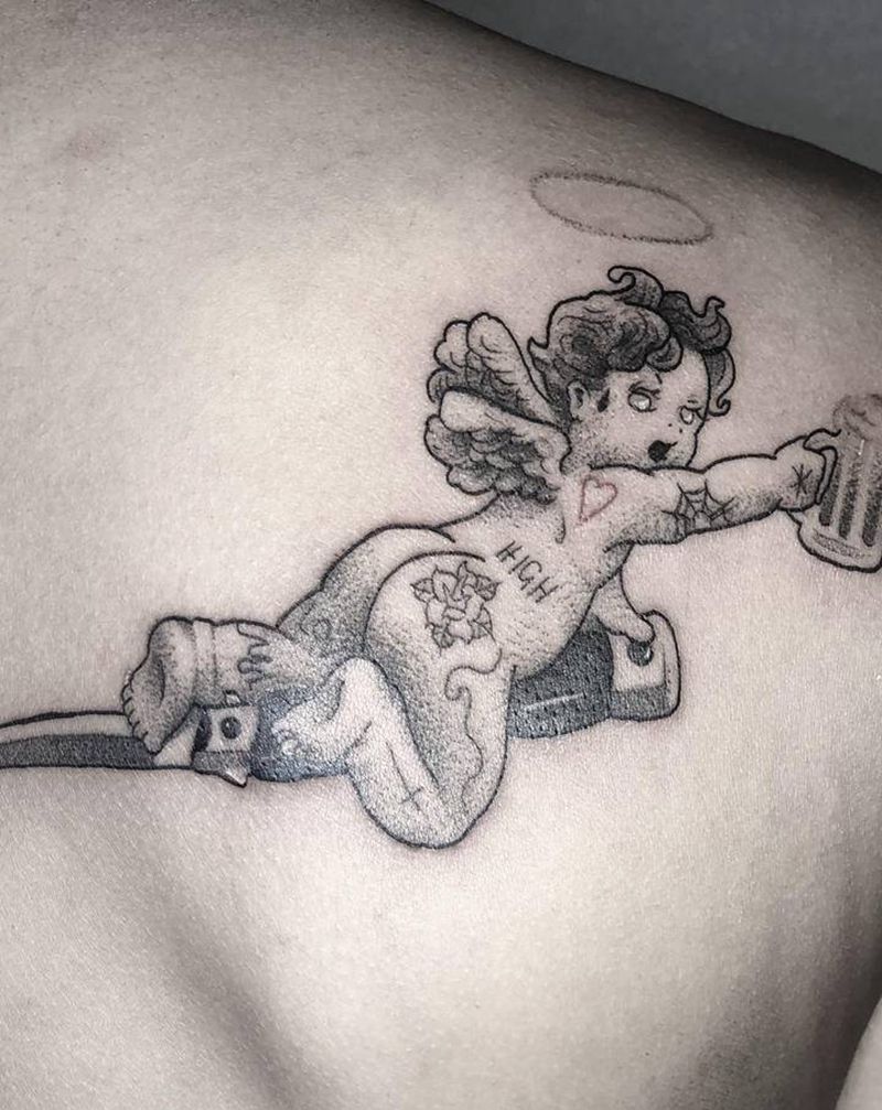 点刺天使纹身图片_手臂点刺纹身图案