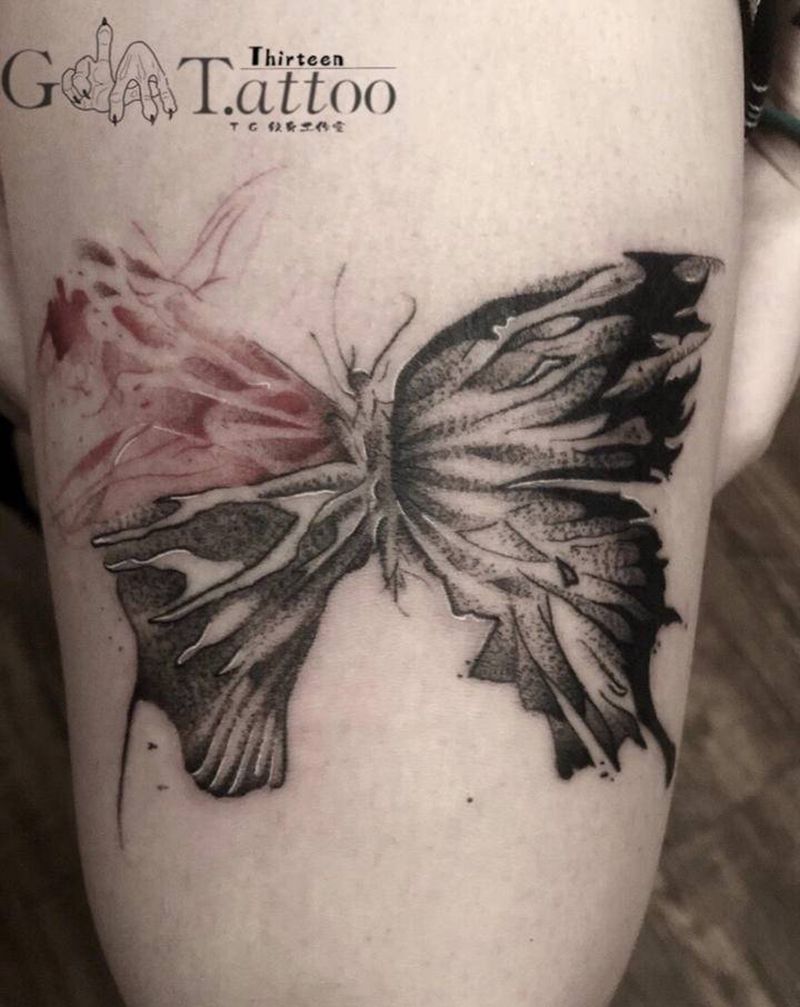 蝴蝶纹身纹身图片_脚部腿部点刺纹身图案
