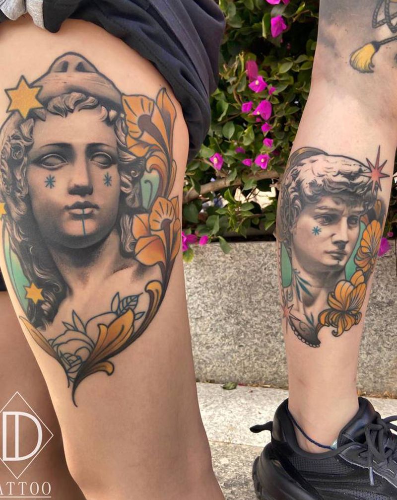 雕塑与欧式花纹的碰撞纹身图片_脚部手臂欧美写实纹身图案