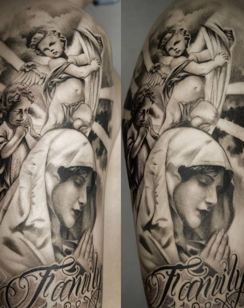 祈祷圣母小天使纹身图片_手臂手部欧美写实纹身图案