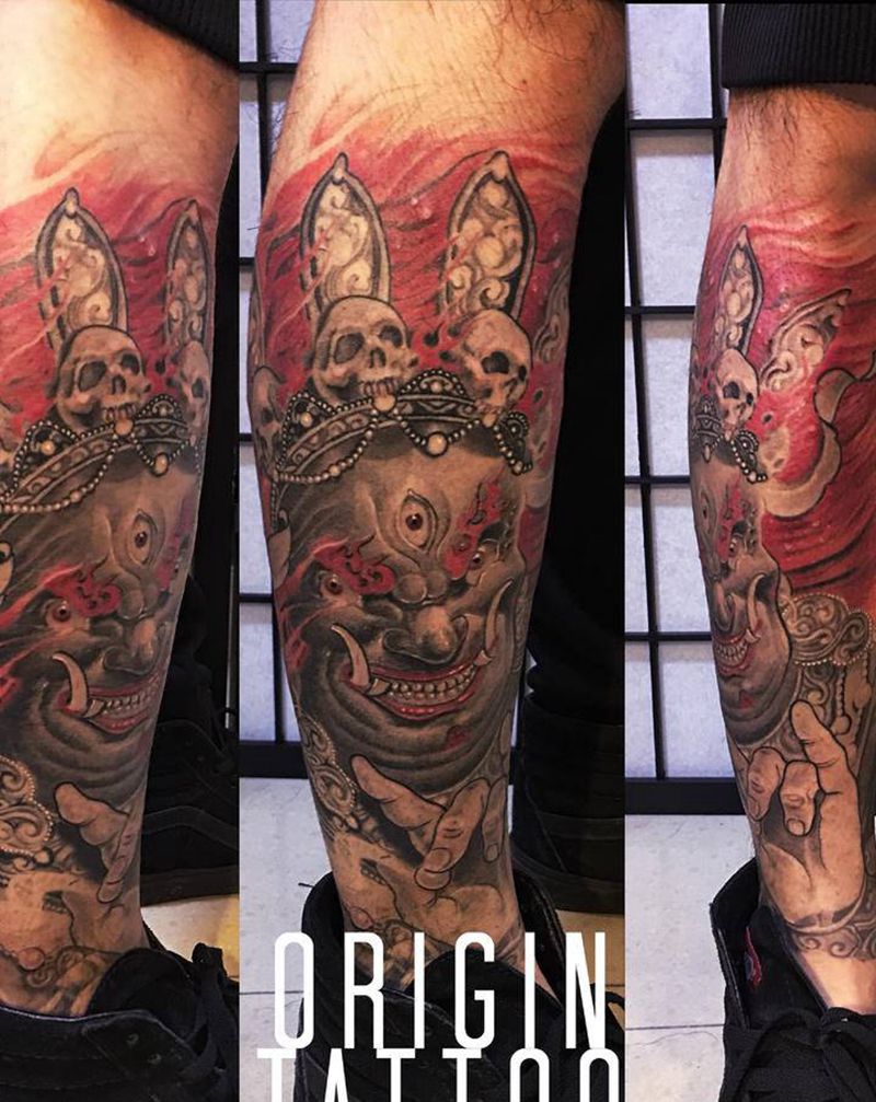 明王纹身图片_腿部新传统纹身图案