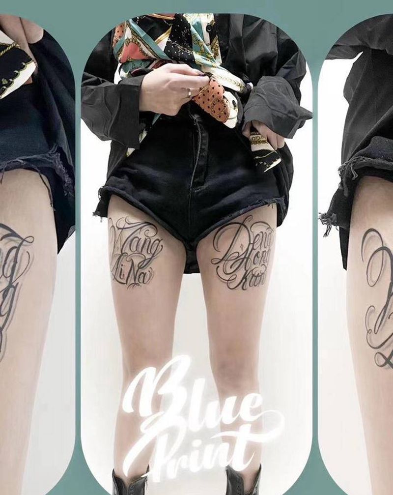 花体字纹身图片_腿部纹身图案