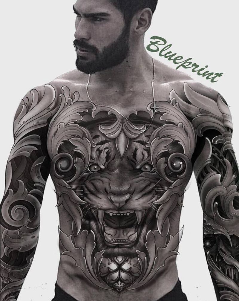 原创设计手稿。找模特纹身图片_胸部手臂欧美写实老传统纹身图案