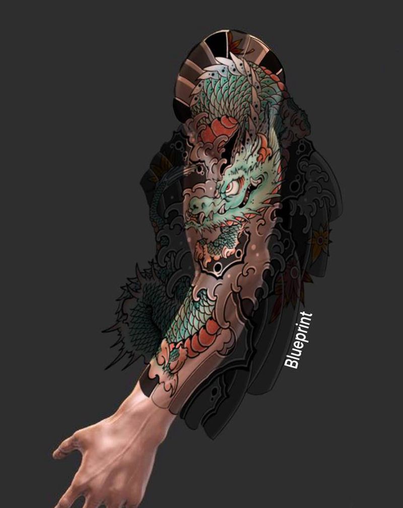 龙花臂手稿纹身图片_手臂老传统纹身图案