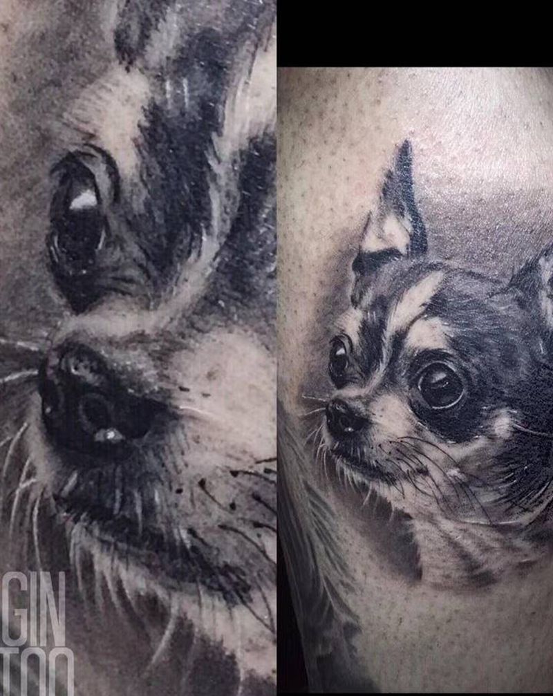 小狗纹身图片_腿部欧美写实纹身图案