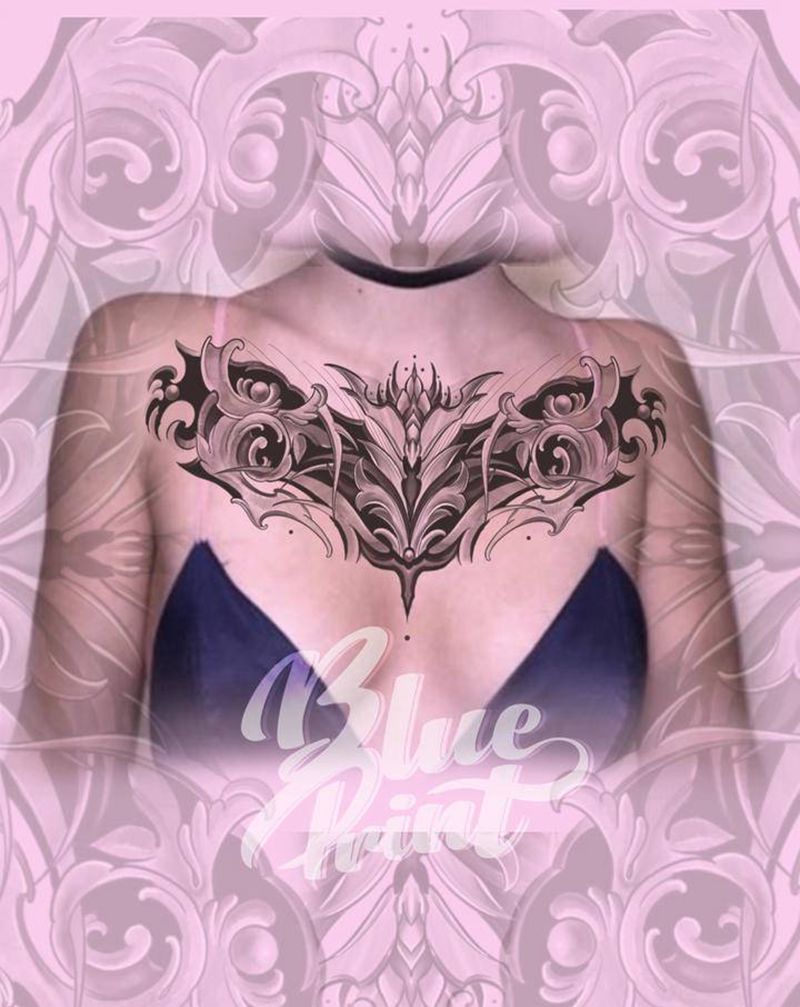 花胸手稿纹身图片_胸部图腾点刺纹身图案