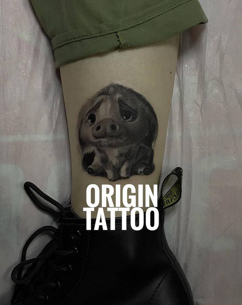 小猪纹身图片_腿部欧美写实纹身图案