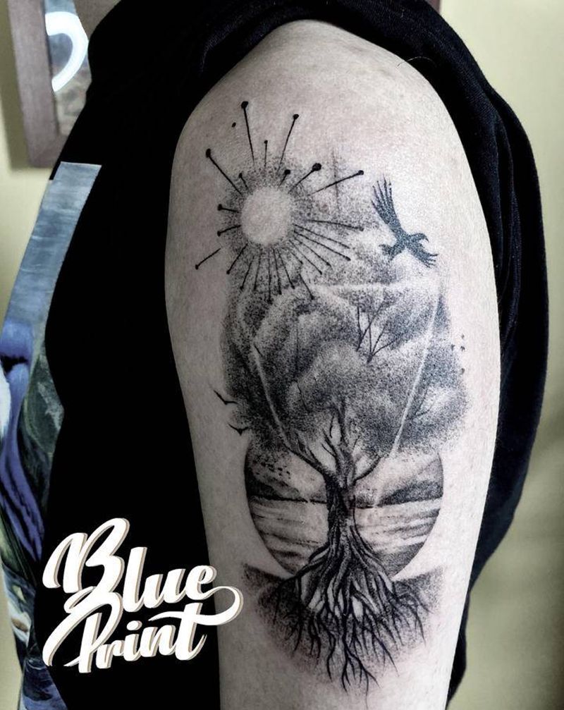 树纹身图片_手臂点刺几何纹身图案