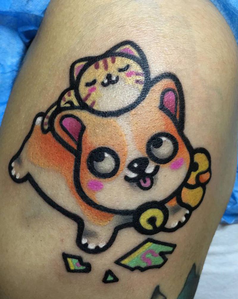 猫和狗纹身图片_手臂New School纹身图案