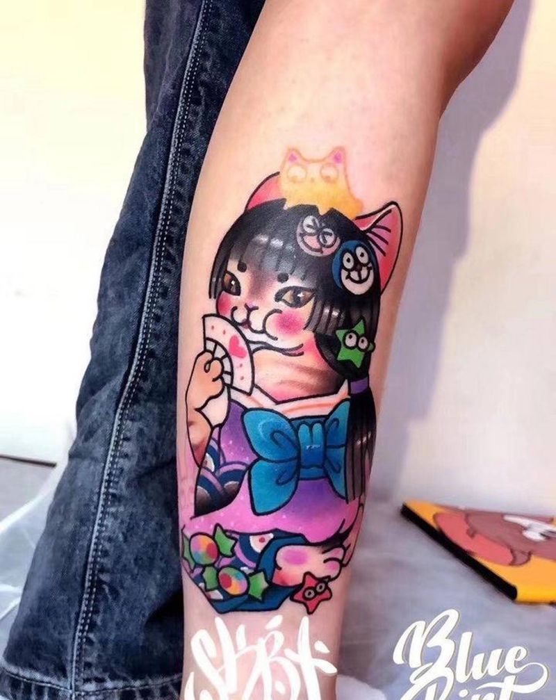 艺伎猫女纹身图片_腿部Old School纹身图案