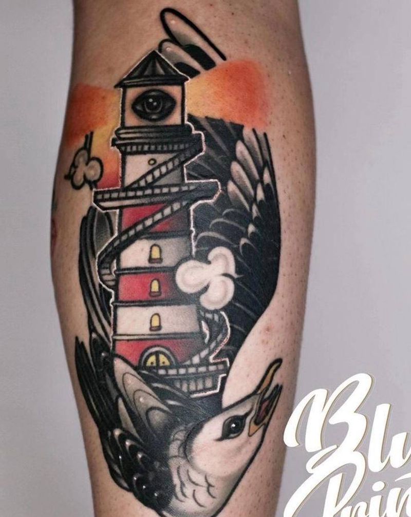 灯塔纹身图片_腿部Old School纹身图案