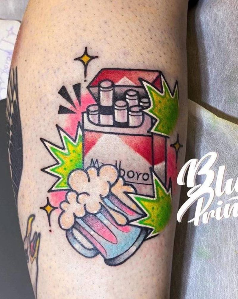 烟盒纹身图片_腿部Old School纹身图案