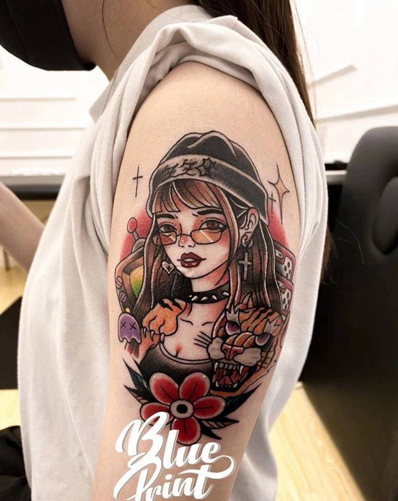 私人订制头像纹身图片_手臂Old School纹身图案