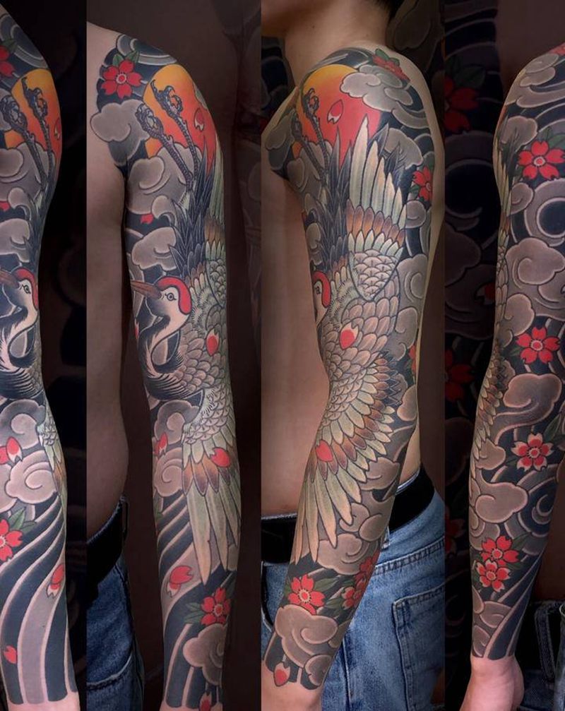 仙鹤纹身图片_手臂手部老传统新传统纹身图案