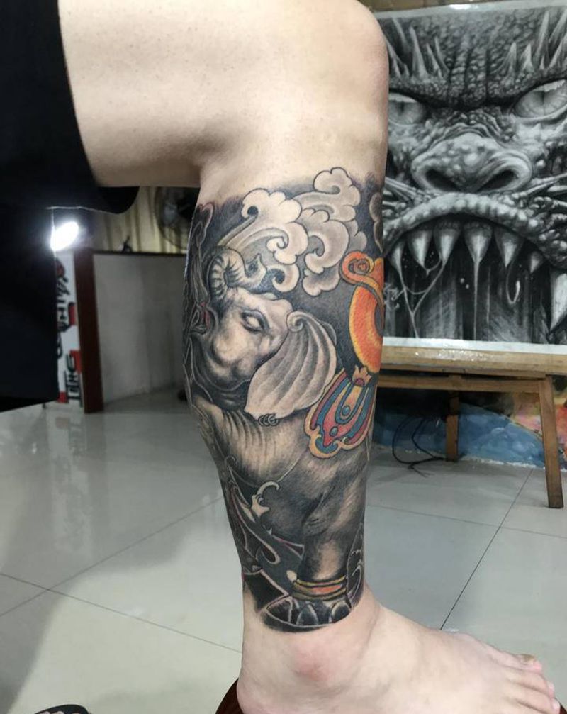 象神包腿纹身图片_腿部新传统纹身图案