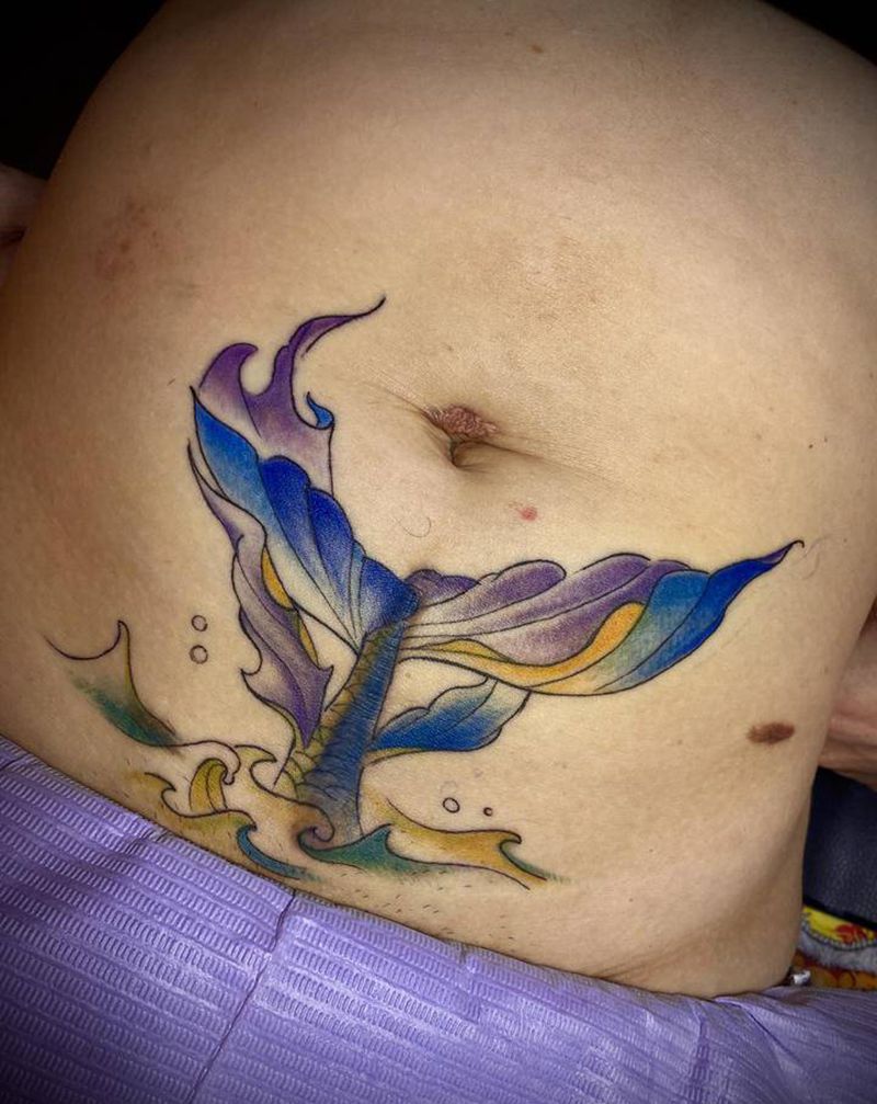 遮盖妊辰纹纹身图片_腹部水彩纹身图案