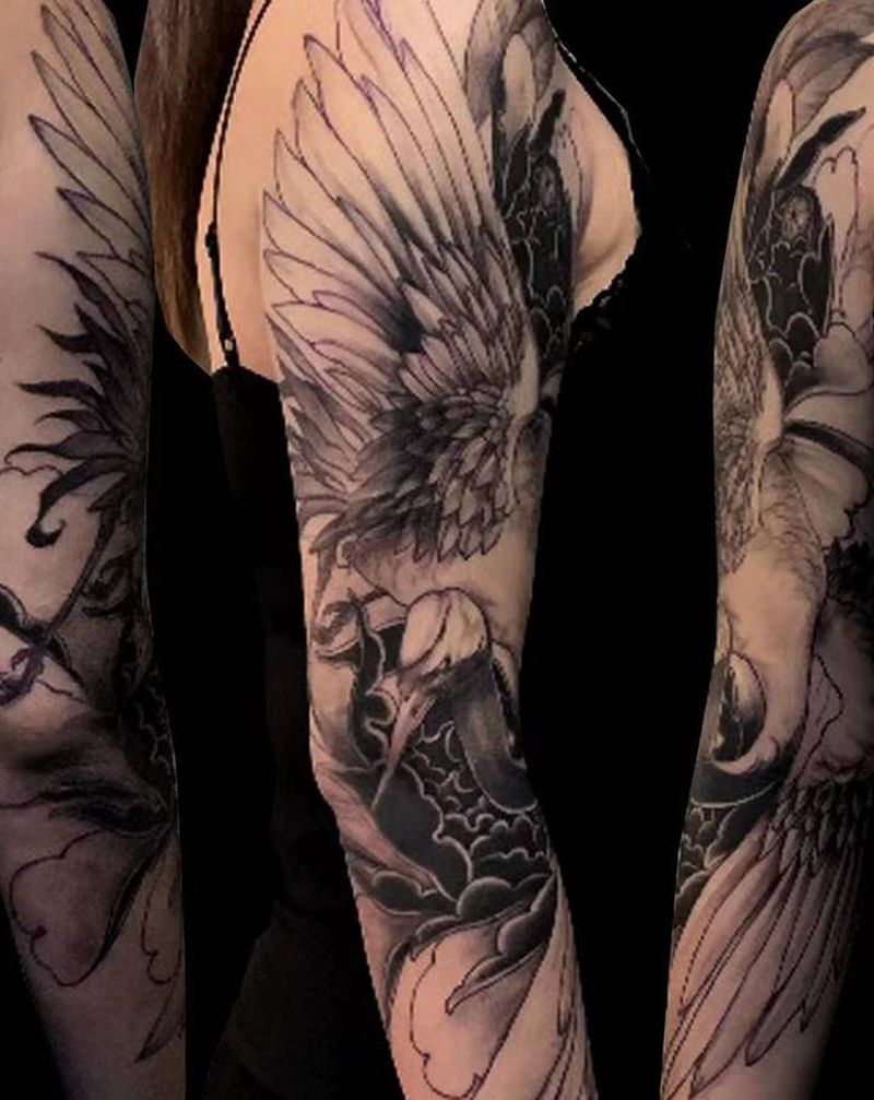 鹤纹身图片_手臂新传统鹤七分袖纹身图案