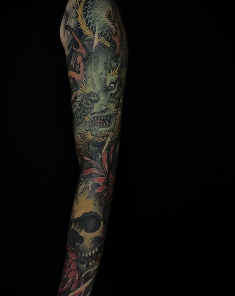 传统花臂纹身图片_手臂新传统纹身图案