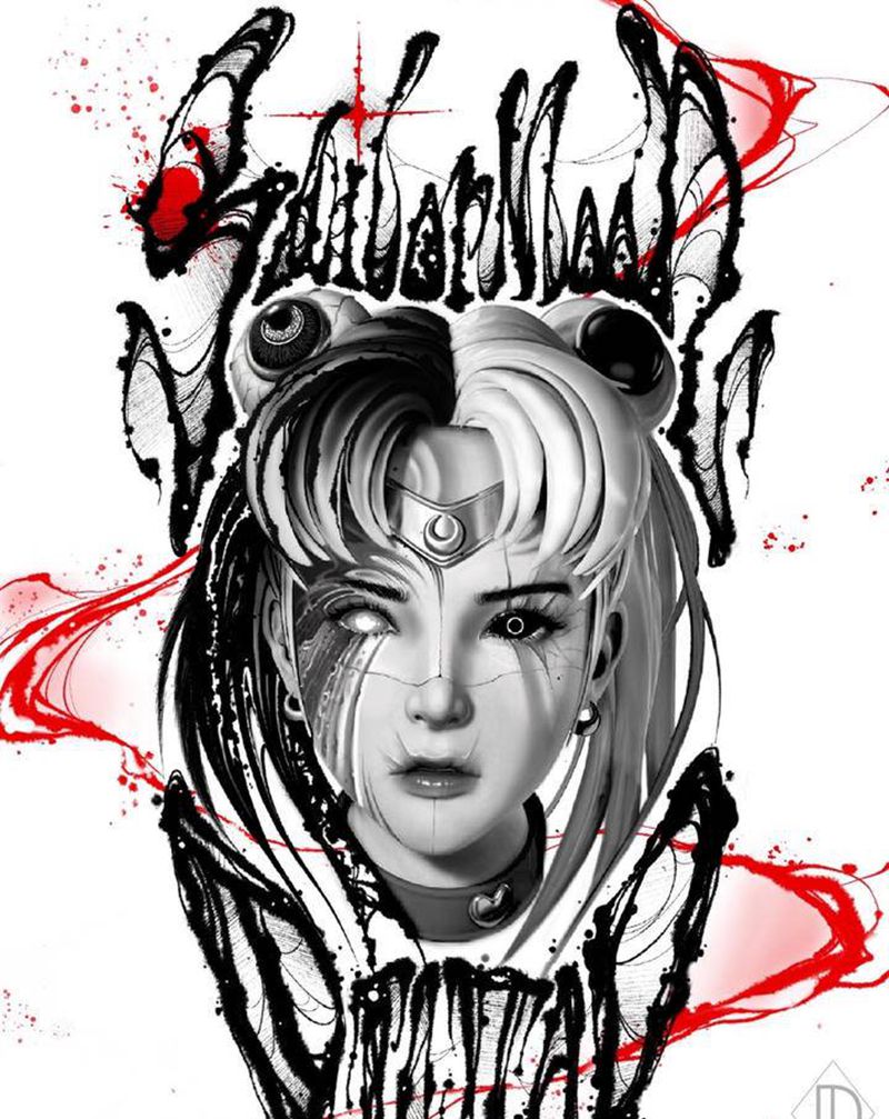 暗黑水冰月纹身图片_手臂腿部欧美写实暗黑纹身图案