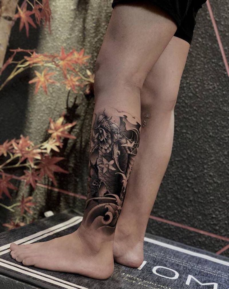 鱼 《花腿未完待续》纹身图片_腿部新传统纹身图案