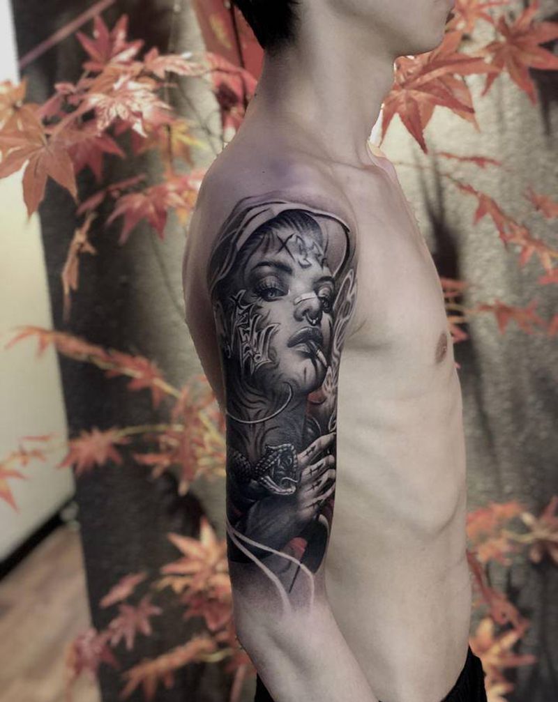 欧美花臂未完待续纹身图片_手臂欧美写实人物纹身图案