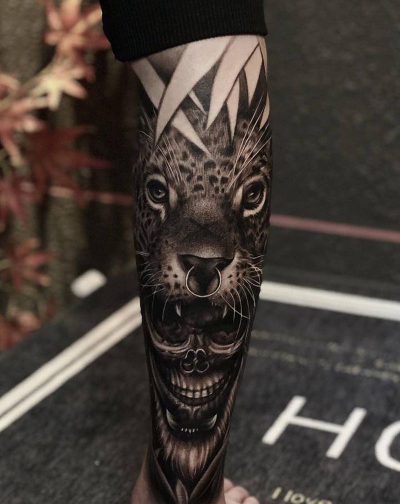 欧美写实 :豹子骷髅纹身图片_腿部欧美写实纹身图案