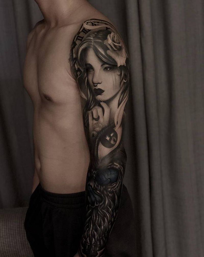 欧美花臂纹身图片_手臂欧美写实人物  骷髅纹身图案