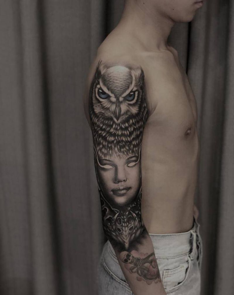 欧美写实纹身图片_手臂欧美写实猫头鹰 人物纹身图案