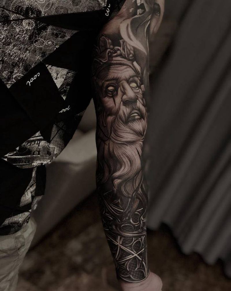 欧美花臂纹身图片_手臂欧美写实人物骷髅窗花纹身图案