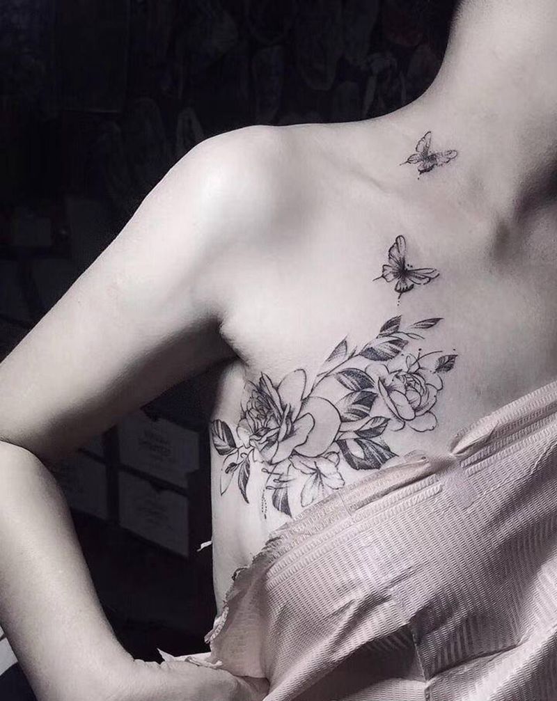 素花遮盖疤痕纹身图片_胸部纹身图案