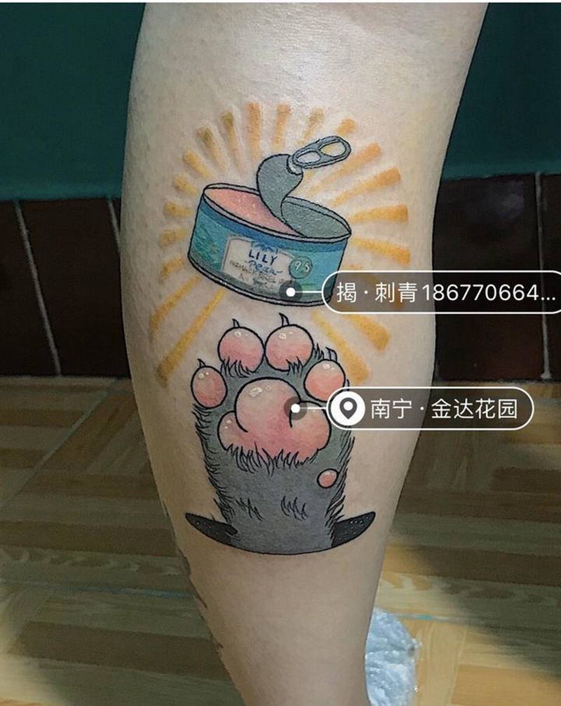 猫爪纹身图片_腿部水彩纹身图案