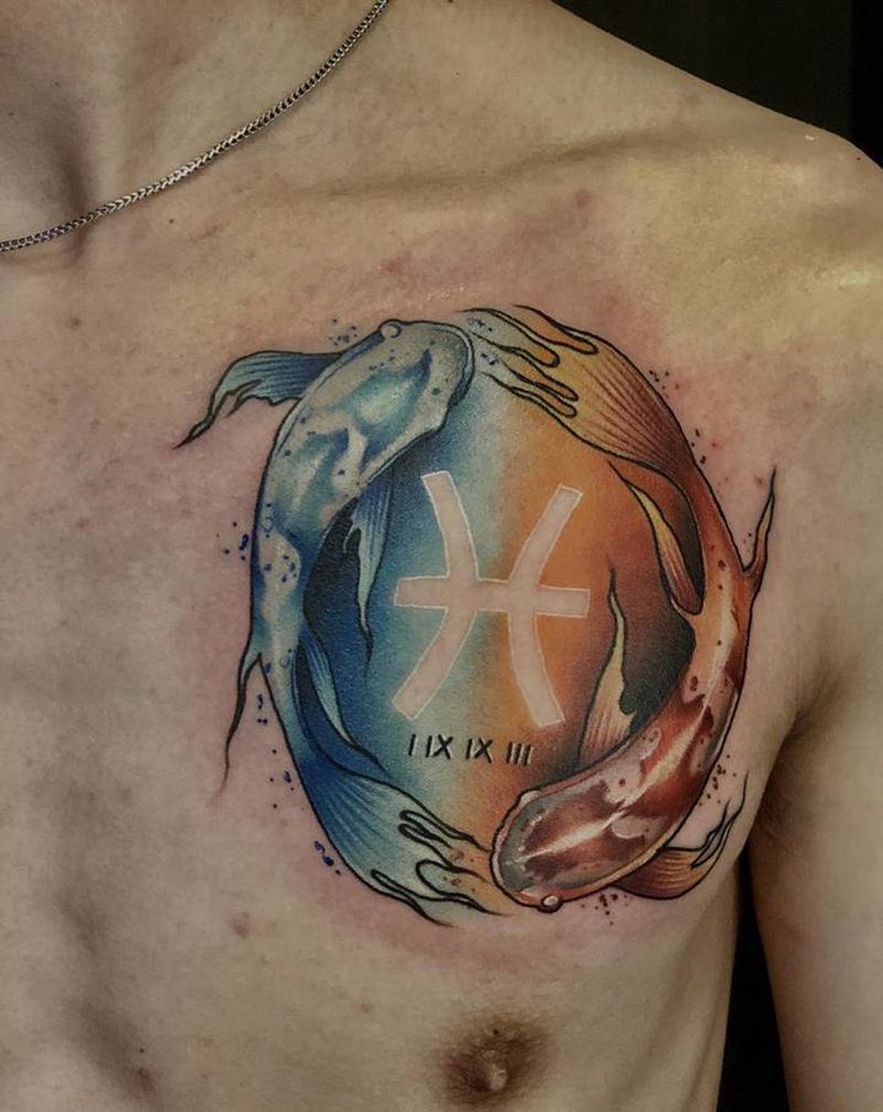 双鱼座纹身图片_胸部水彩纹身图案