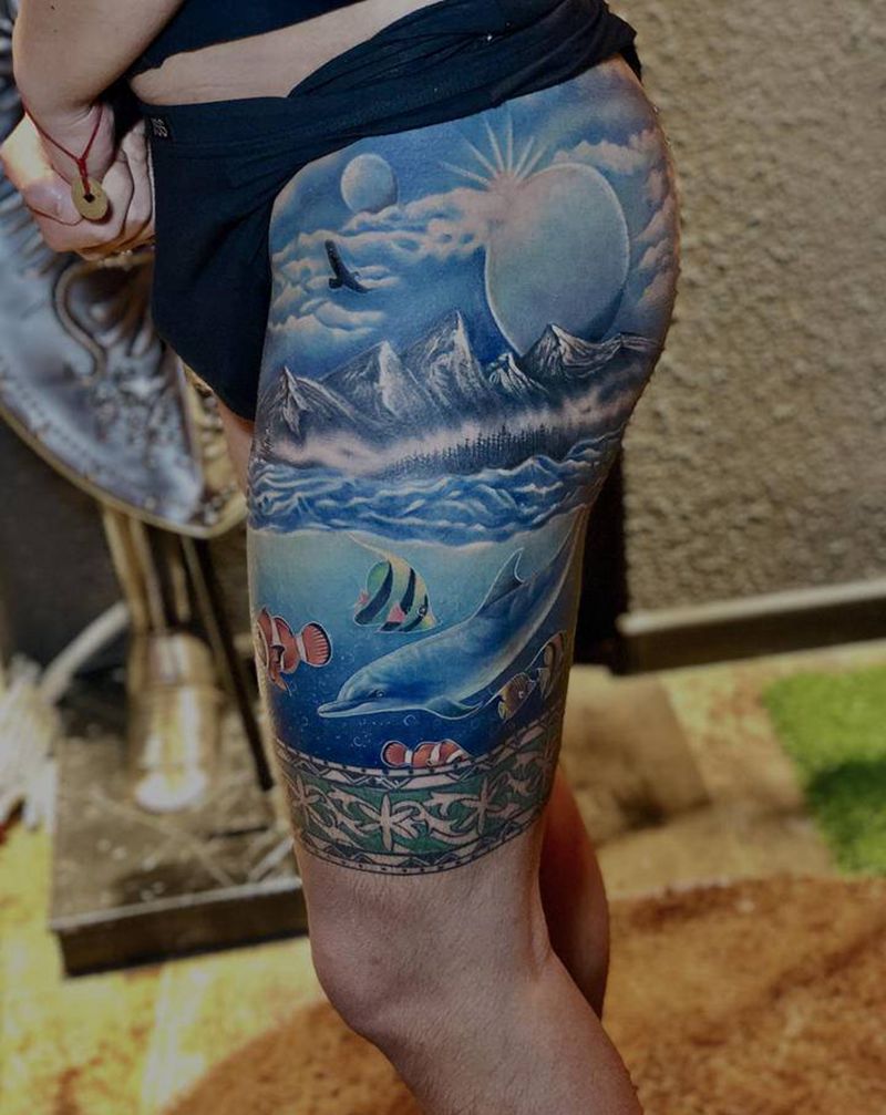 写实纹身图片_腿部欧美写实海洋纹身图案
