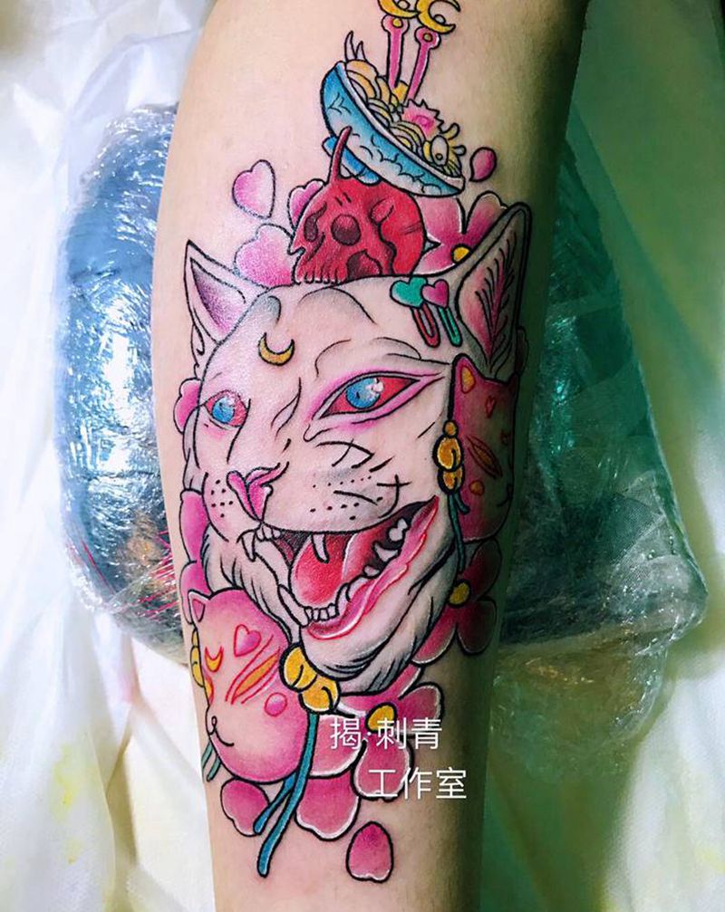 猫咪纹身图片_腿部水彩纹身图案