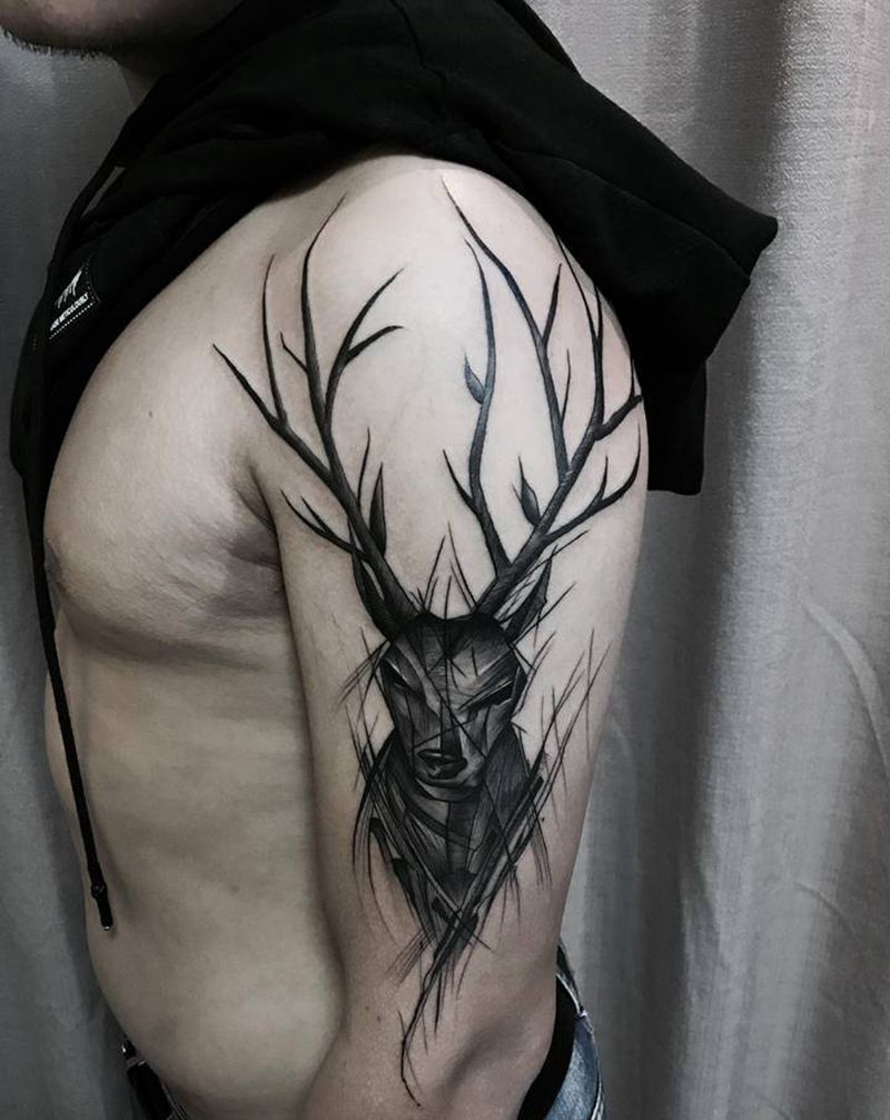 抽象鹿头纹身图片_手臂纹身图案