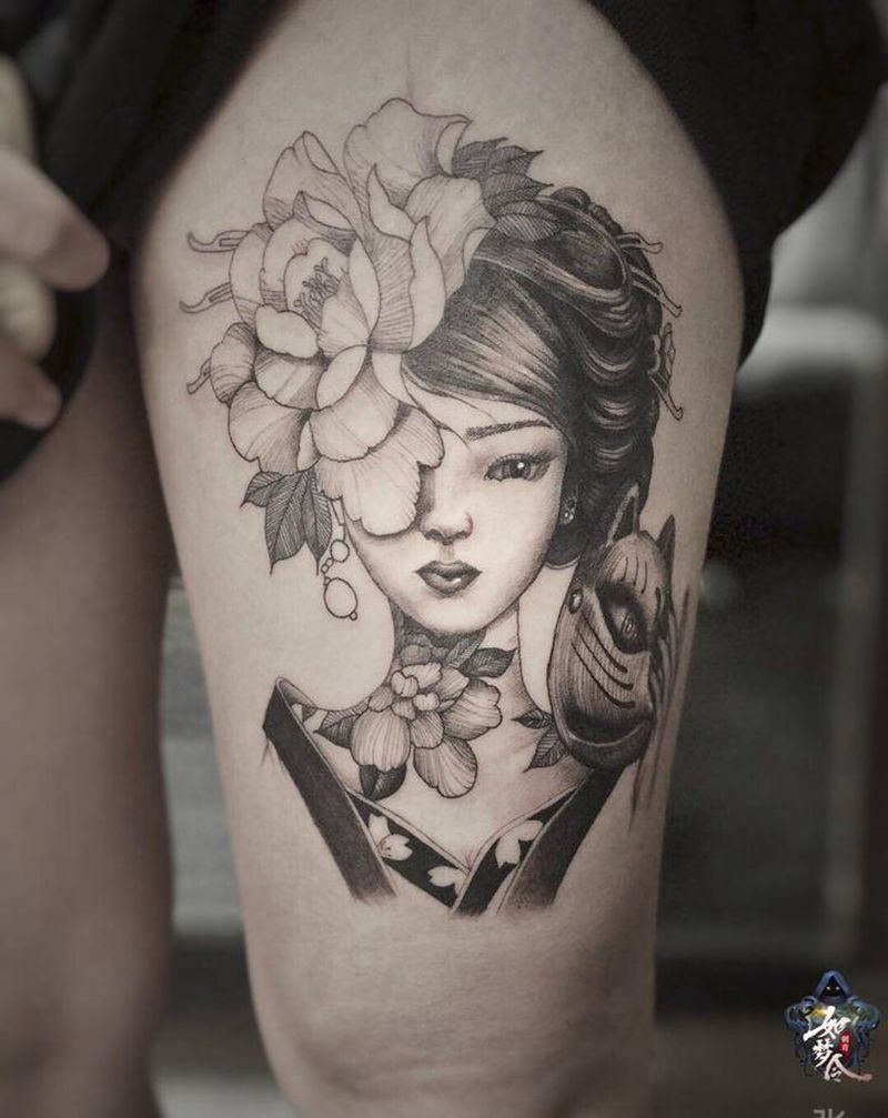 艺伎纹身图片_腿部纹身图案