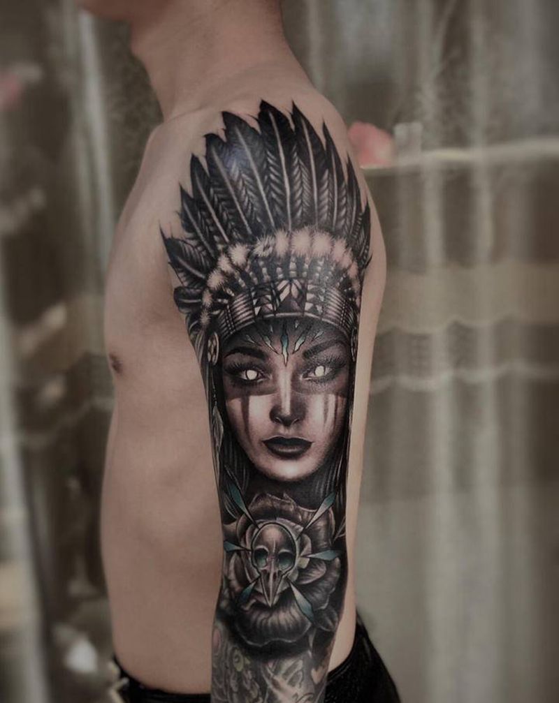 印第安风格纹身图片_手臂欧美写实纹身图案